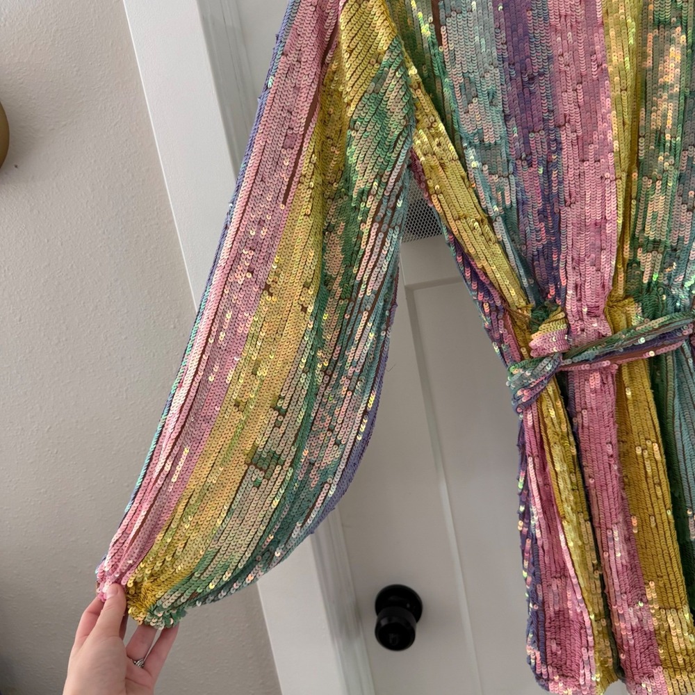 Show Me Your Mumu Wear Me Out Rainbow Sequin Stripe Mini Dress S Belted Disco - Picture 10 of 12